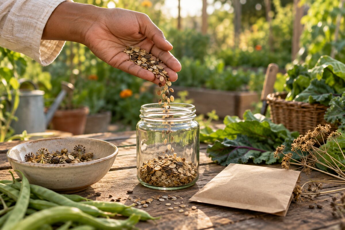 A hand pouring saved seeds into a reusable glass jar