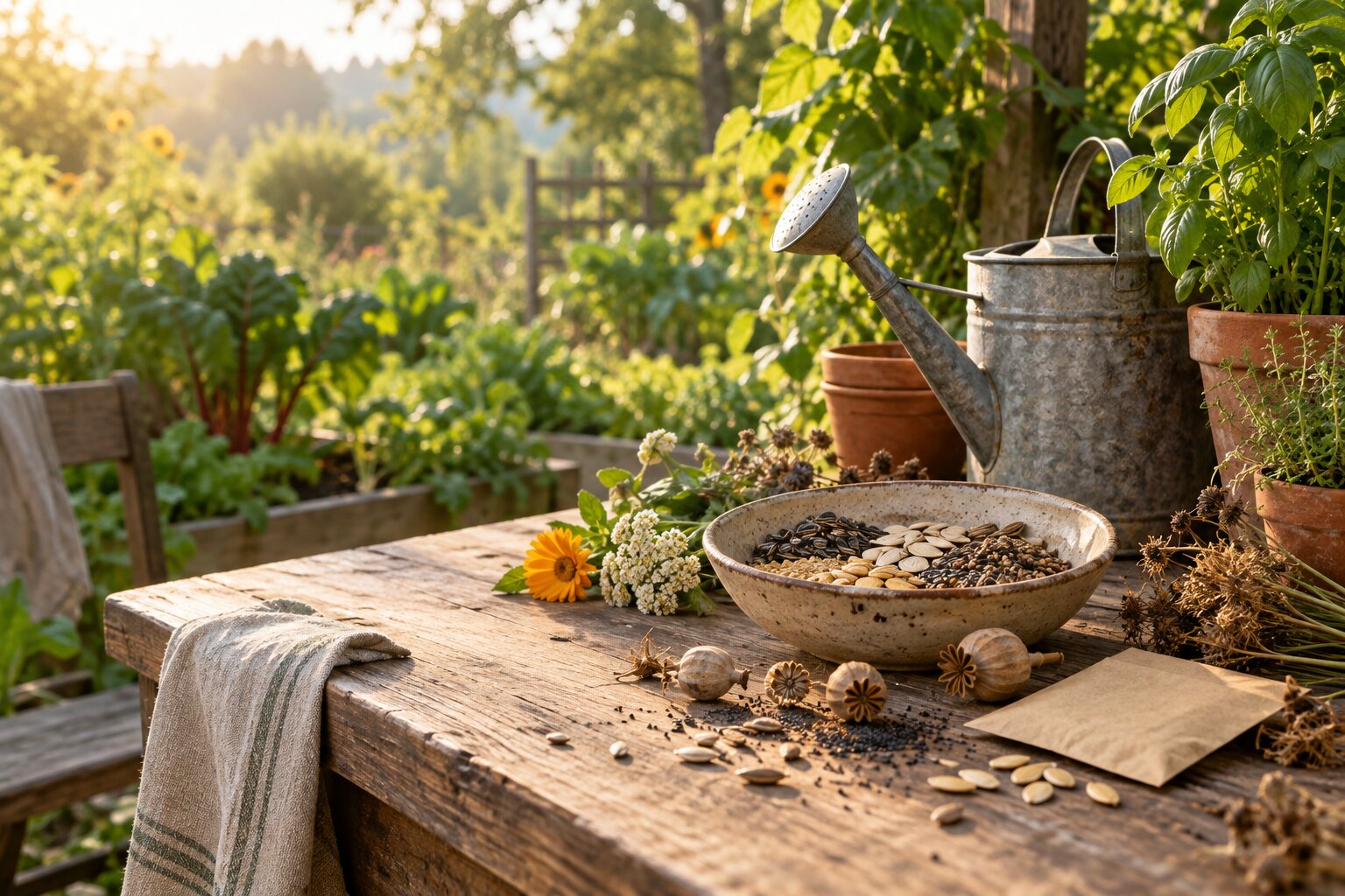 Saved seeds, a watering can, and garden plants on a sunlit wooden table